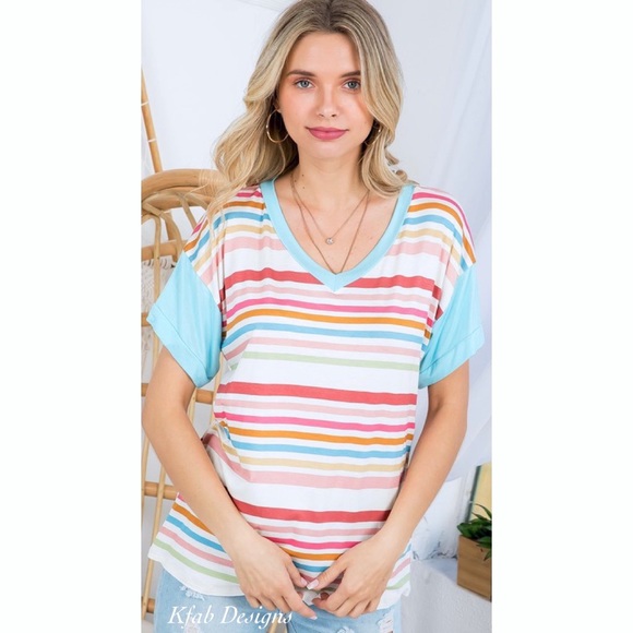 ❤️LAST! V Neck Super Soft Jersey Knit Multi Stripe Ruffle Sleeve Top! - Picture 7 of 11